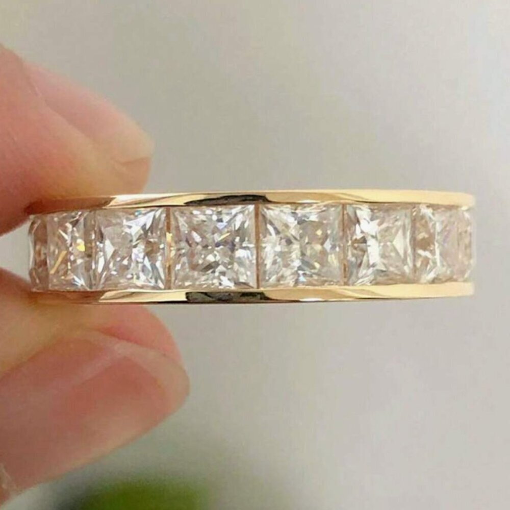 18k Yellow Gold Diamond Ring Princess Cut Eternity Ring Band - Picture 2 of 7